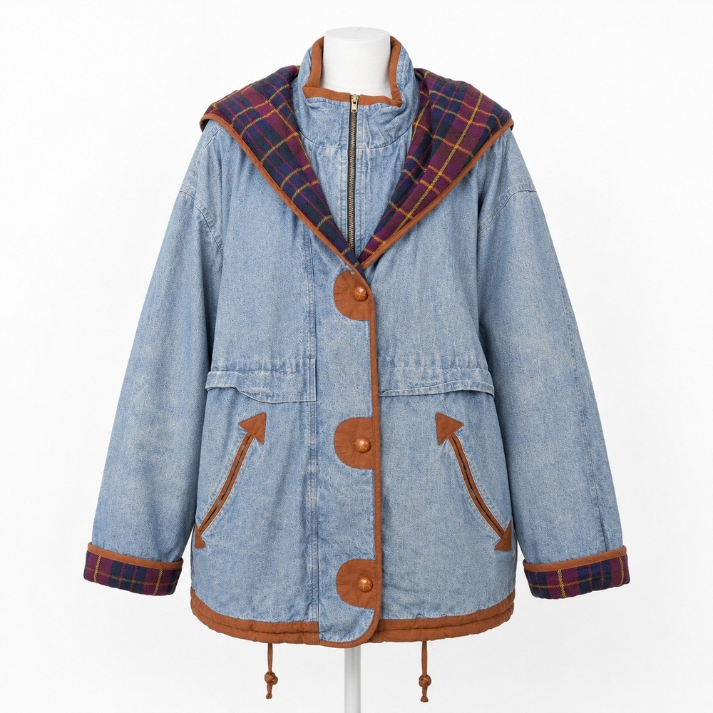 Vintage 1970s Handmade Denim Parka Coat Sz XL Quilted Plaid Chore Utility Retro